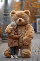 Free photo surreal rendering of kid bounding with giant stuffed toy