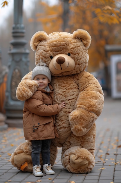 Free Photo surreal rendering of kid bounding with giant stuffed toy