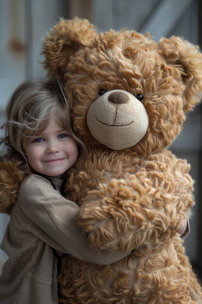 Surreal rendering of kid bounding with giant stuffed toy