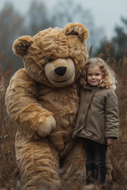 Free photo surreal rendering of kid bounding with giant stuffed toy