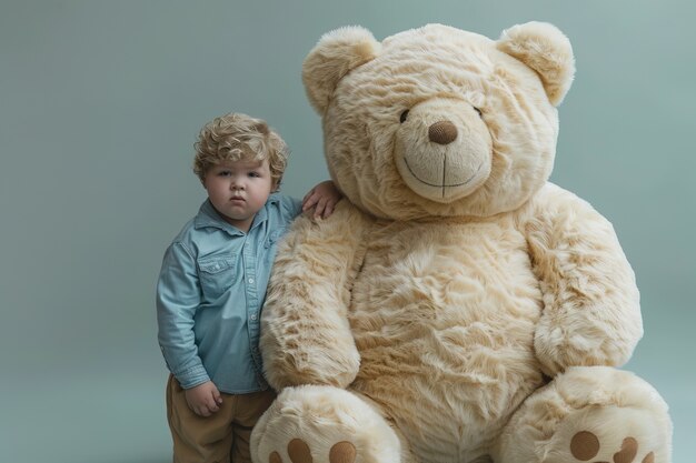 Surreal rendering of kid bounding with giant stuffed toy