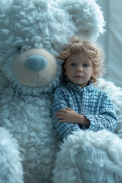 Surreal rendering of kid bounding with giant stuffed toy