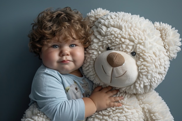 Surreal rendering of kid bounding with giant stuffed toy