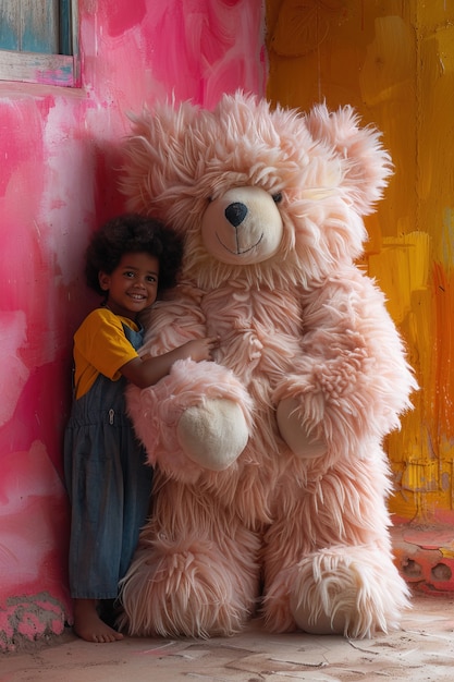 Free Photo surreal rendering of kid bounding with giant stuffed toy