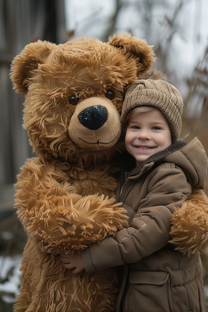 Free Photo surreal rendering of kid bounding with giant stuffed toy