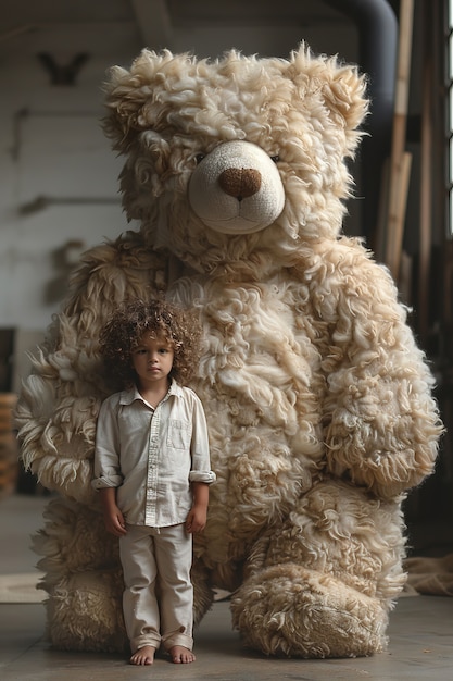 Free photo surreal rendering of kid bounding with giant stuffed toy