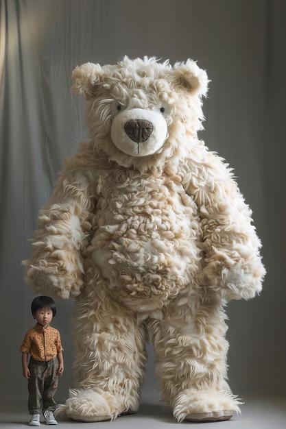 Free Photo surreal rendering of kid bounding with giant stuffed toy