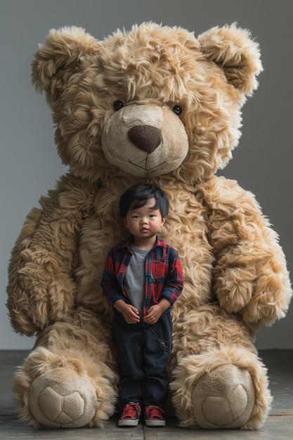 Surreal rendering of kid bounding with giant stuffed toy