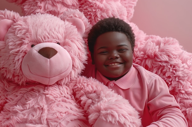 Surreal rendering of kid bounding with giant stuffed toy