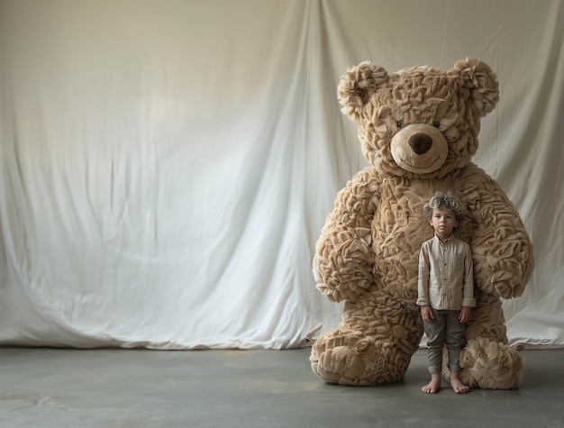 Surreal rendering of kid bounding with giant stuffed toy