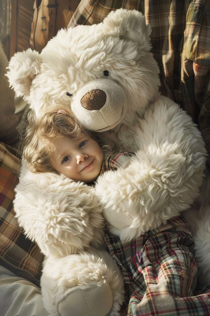 Surreal rendering of kid bounding with giant stuffed toy