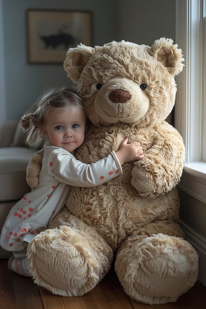 Surreal rendering of kid bounding with giant stuffed toy