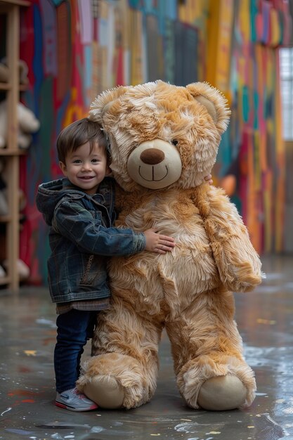 Surreal rendering of kid bounding with giant stuffed toy