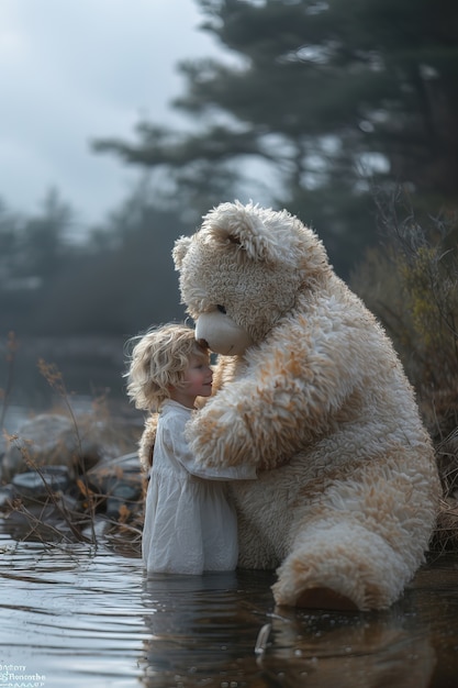 Free photo surreal rendering of kid bounding with giant stuffed toy