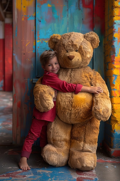 Free Photo surreal rendering of kid bounding with giant stuffed toy