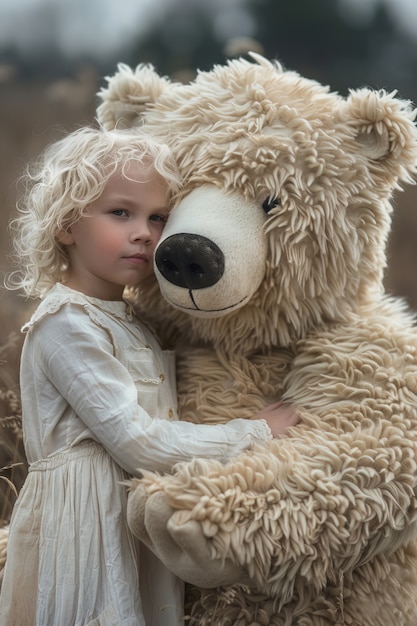 Free photo surreal rendering of kid bounding with giant stuffed toy