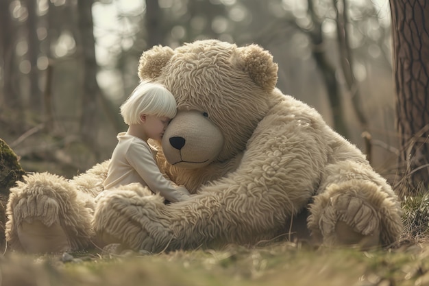 Surreal rendering of kid bounding with giant stuffed toy