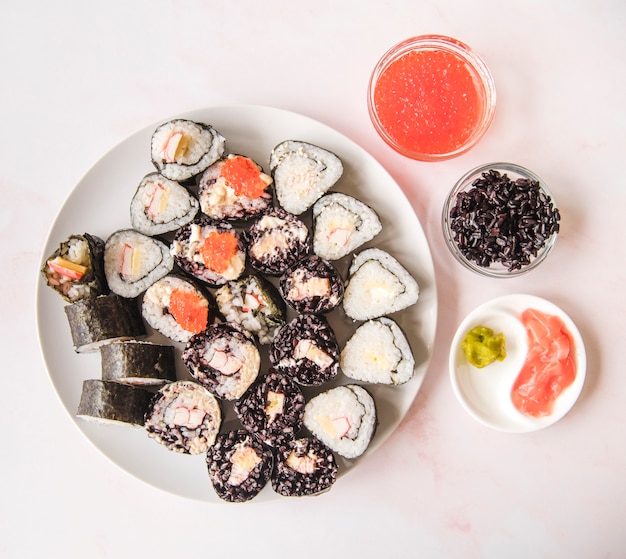 Sushi assortments with spices top view