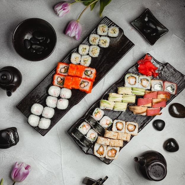 sushi sets on table top view