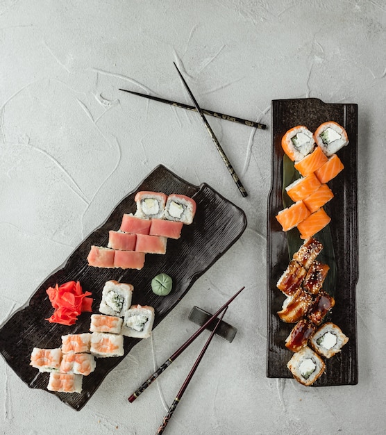 sushi sets top view on the table