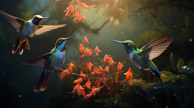 Free Photo swarm of hummingbirds feeding on nectar from exotic flowers in a secluded jungle oasis