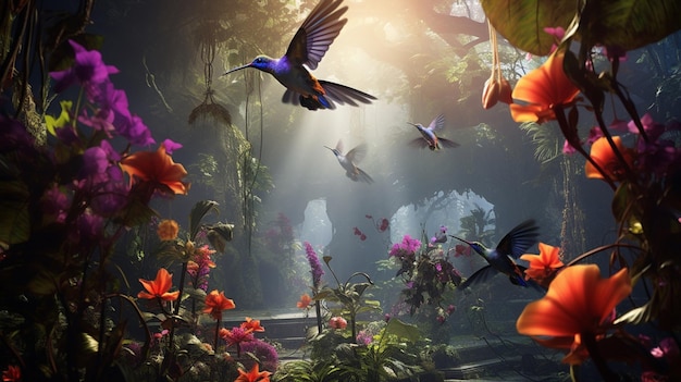 Swarm of hummingbirds feeding on nectar from exotic flowers in a secluded jungle oasis