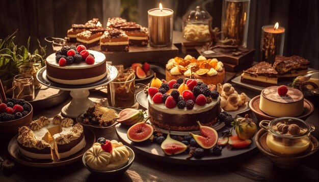 Sweet berry cheesecake with chocolate decoration and raspberry generated by AI