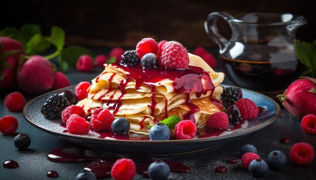 Sweet berry pancakes drizzled in chocolate syrup generated by AI