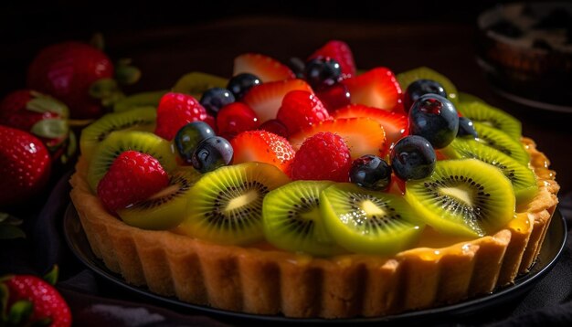 Sweet berry tart with fresh fruit decoration generated by AI