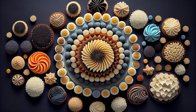 Free photo sweet collection of decorative desserts with chocolate patterns generated by ai