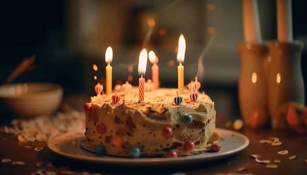 Sweet dessert with candles illuminating celebration joy generated by AI