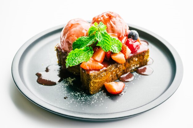 Sweet dessert with honey toast with strawberry and jam