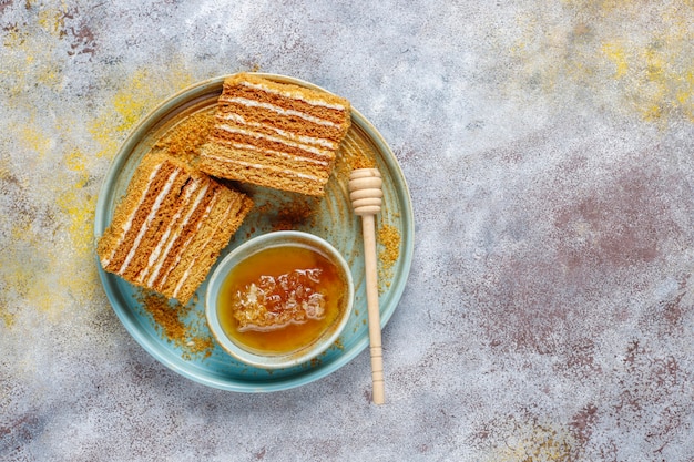 Free photo sweet homemade layered honey cake with spices and nuts.