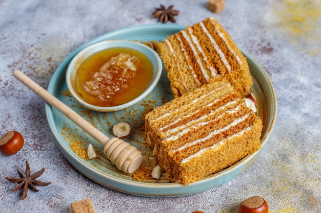 Free photo sweet homemade layered honey cake with spices and nuts.