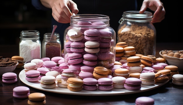 Free photo a sweet homemade macaroon cookie on a wooden table generated by artificial intelligence