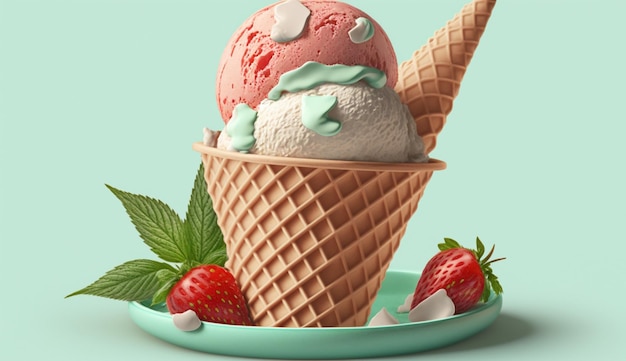 Free Photo sweet ice cream cone with strawberry fruit generative ai