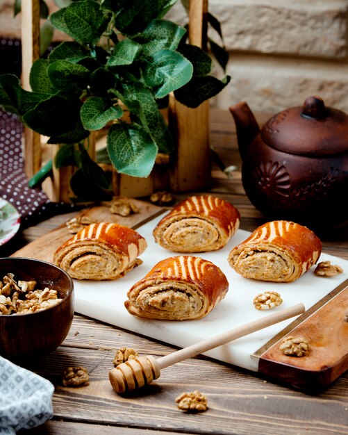 Sweet nuts roulets on the table