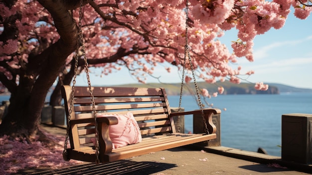 Free photo swing hangs from a blossoming tree its serene presence inviting relaxation by the seas edge