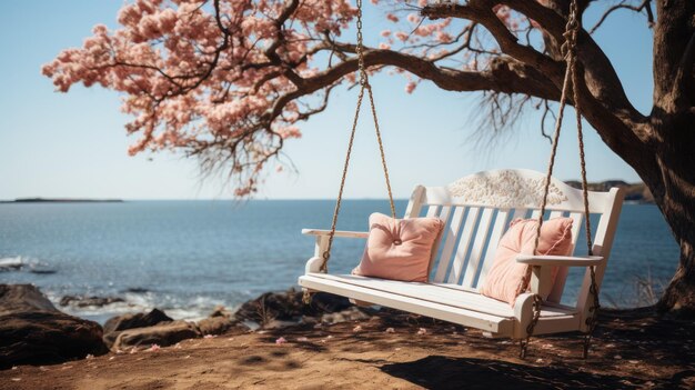 Free photo swing hangs from a blossoming tree its serene presence inviting relaxation by the seas edge