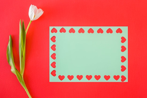 Symbols of heart on blue paper near flower 