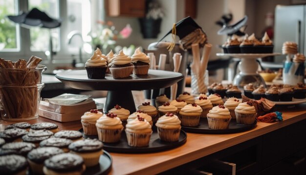 A table full of cupcakes with a graduation cap on top