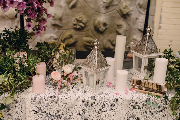 Table prepared with champagne glasses