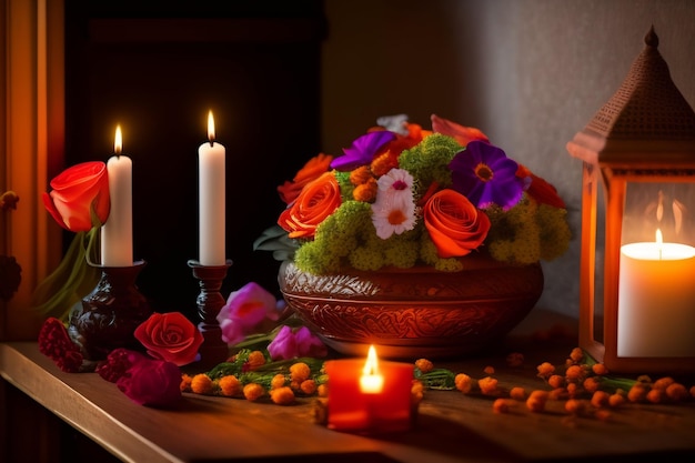 A table with a vase of flowers and candles