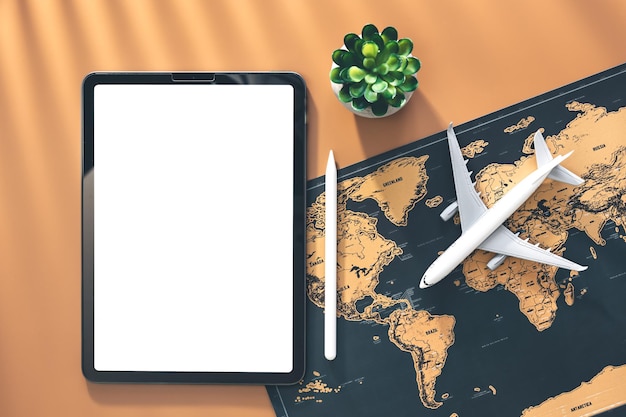 Free photo tablet airplane miniature and world map flat lay