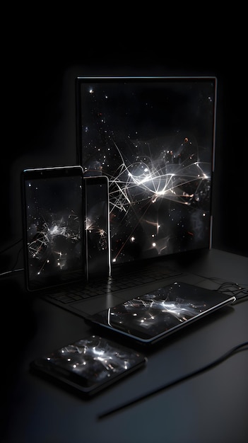 Free Photo tablet computer with broken screen and mobile phone on dark background