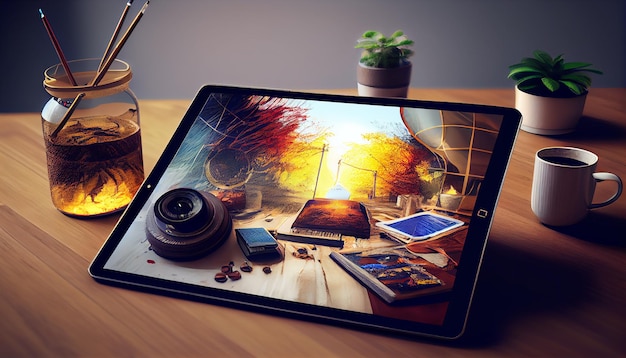 Free Photo tablet modern technology on a wooden desk indoors generative ai