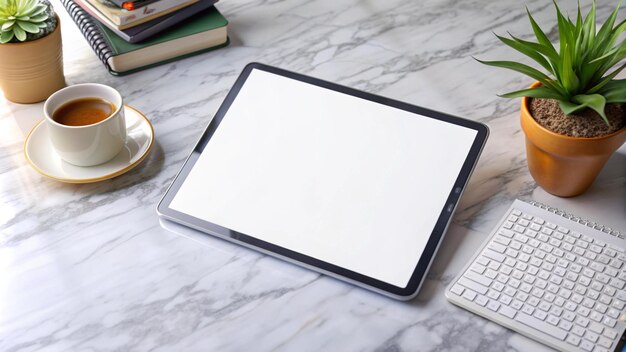 Free Photo tablet screen mockup on marble desk with coffee