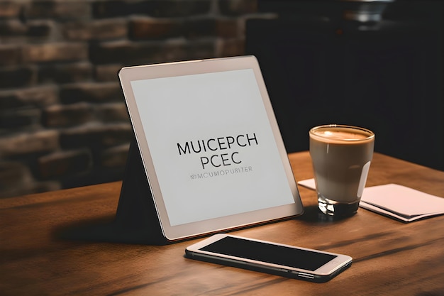 Free photo tablet screen mockup with copy space and coffee cup on wooden table