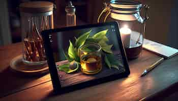 Free photo tablet with tea leafs and drink in wooden table generative ai