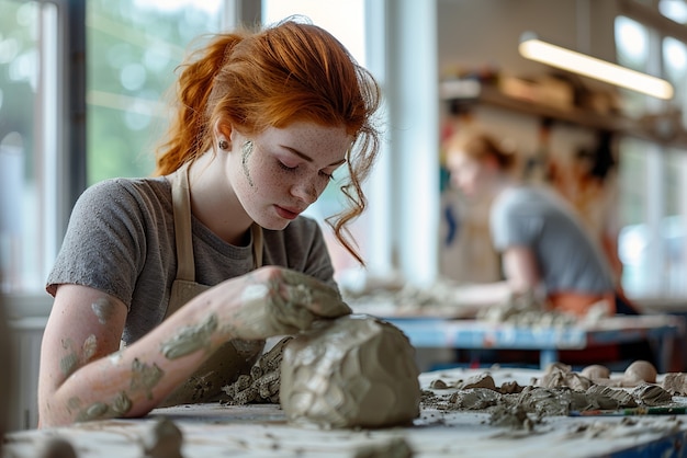 Free photo talented child doing pottery